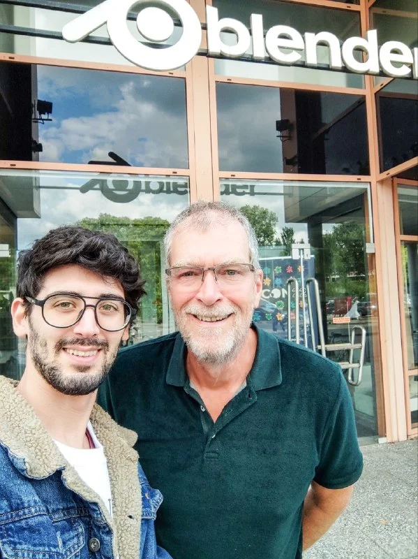 Manuel Hosseini with Ton Roosendaal outside Blender headquarters in Amsterdam